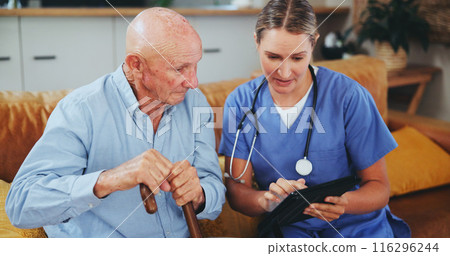Senior man, nurse and tablet for history in home, healthcare and talking on recovery treatment. Caregiver, consulting and old person with disability, cane and planning for medical rehabilitation Senior man, nurse and tablet for history in home, healthcare and talking on recovery treatment. Caregiver, consulting and old person with disability, cane and planning for medical rehabilitation 116296244