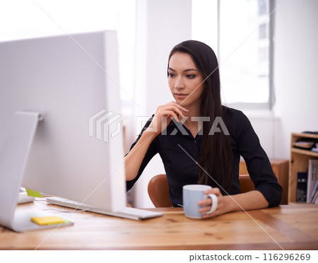 Thinking, computer and business woman in office brainstorming, planning or reading with coffee inspiration. Insight, questions and female designer online for idea research, email or web communication Thinking, computer and business woman in office brainstorming, planning or reading with coffee inspiration. Insight, questions and female designer online for idea research, email or web communication 116296269