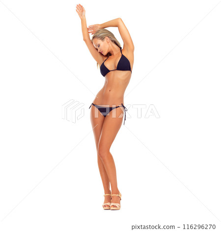 Studio, fashion and woman in bikini with confidence, style or relax in high heels on mockup space. Swimwear, model and model in sexy underwear or lingerie for holiday or vacation in white background Studio, fashion and woman in bikini with confidence, style or relax in high heels on mockup space. Swimwear, model and model in sexy underwear or lingerie for holiday or vacation in white background 116296270