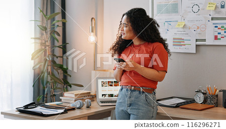 Girl, office and happy for thinking on smartphone for online news, secured investment and small business planning. Woman, cellphone and internet with thoughts for product launch, ideas and work. Girl, office and happy for thinking on smartphone for online news, secured investment and small business planning. Woman, cellphone and internet with thoughts for product launch, ideas and work. 116296271