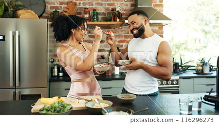 Home, breakfast and couple with eating in kitchen for healthy diet, nutrition and wellness in morning. Man, woman and smile with fruit in bowl in house for organic, vegan food and love in marriage Home, breakfast and couple with eating in kitchen for healthy diet, nutrition and wellness in morning. Man, woman and smile with fruit in bowl in house for organic, vegan food and love in marriage 116296273