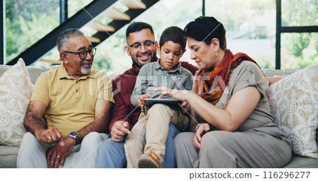 Big family, bonding and tablet on sofa for internet, search or streaming cartoon on home visit. Digital, elearning and man with senior parents, kid and app for ebook, storytelling or gaming sign up 116296277