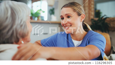 Senior, woman and smile with nurse for support in nursing home for assistance, gratitude and service. Elderly patient, caregiver and happy with embrace for helping hand, kindness and help in hospice 116296305