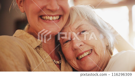 Happy, sofa and senior mother with daughter together for bonding, relationship and love. Family, home and portrait of mom with woman smile in living room for embrace, affection and relax on weekend 116296309