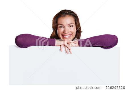 Smile, mockup and portrait of woman with poster in studio with for advertising, marketing or promotion. Billboard, happy and female person with blank space on paper for sign by white background. 116296328