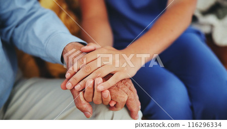 People, holding hands and help for healthcare with love, care and trust. Patient, caregiver and nurse with kindness or compassion and medical therapy for empathy, respect and support or assist 116296334