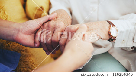 Nurse, senior person and holding hands on sofa with care, empathy or support with mental health for grief. People, caregiver and elderly patient for connection, kindness or counseling in nursing home 116296340