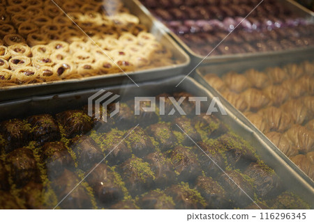 Baklava and Turkish delight in a shop on the street of Istanbul Baklava and Turkish delight in a shop on the street of Istanbul 116296345
