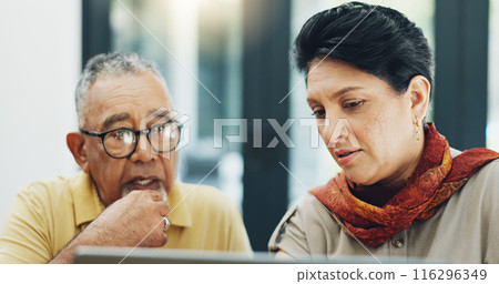 Home, online and senior couple on laptop for online shopping, internet banking and payment. Retirement plan, marriage and mature man and woman on computer for insurance, investment or finance savings 116296349