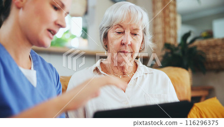 Senior woman, nurse and elderly care with tablet for monitoring health, consultation or results at nursing home. Female person or healthcare worker talking to mature patient with technology at house Senior woman, nurse and elderly care with tablet for monitoring health, consultation or results at nursing home. Female person or healthcare worker talking to mature patient with technology at house 116296375