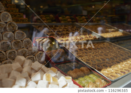 Baklava and Turkish delight in a shop on the street of Istanbul 116296385