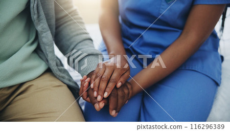 Hands, senior patient and nurse for healthcare, support and counseling in hospital bed. Black people, mature man or person and caregiver for helping, compassion and kindness for assurance in clinic 116296389