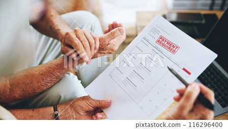 Senior, couple and hands with document for bills with debt, budget account and financial planning in home. Elderly, people and paperwork for mortgage loan with warning or inflation in living room Senior, couple and hands with document for bills with debt, budget account and financial planning in home. Elderly, people and paperwork for mortgage loan with warning or inflation in living room 116296400
