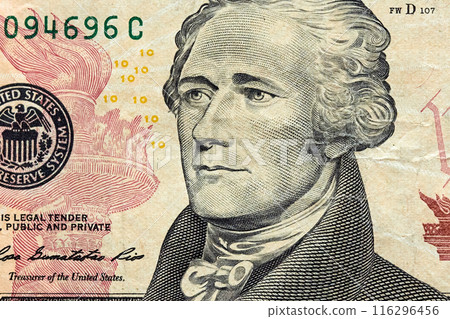 Close-up ten US dollar bill, top view point Close-up ten US dollar bill, top view point 116296456