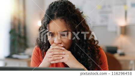 Reading, woman and laptop at desk with stress, deadline and bad news in office. Female journalist, worry and frustrated at computer for review, article and anxiety in modern workplace in city Reading, woman and laptop at desk with stress, deadline and bad news in office. Female journalist, worry and frustrated at computer for review, article and anxiety in modern workplace in city 116296458