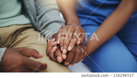 Hands, mature patient and nurse for support, assurance and counseling in hospital bed. Black people, senior man or person and caregiver for helping, compassion and kindness or empathy in healthcare Hands, mature patient and nurse for support, assurance and counseling in hospital bed. Black people, senior man or person and caregiver for helping, compassion and kindness or empathy in healthcare 116296557