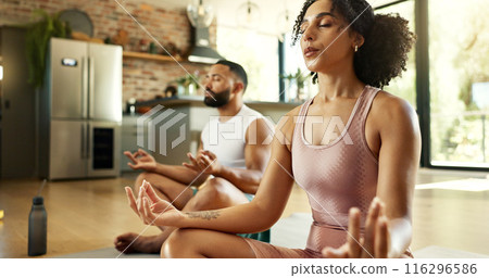 Couple, home and people with meditation for peace, calm and health for mindfulness. Relationship, zen and support with yoga as activity or hobby for wellness, wellbeing and self care to relax 116296586