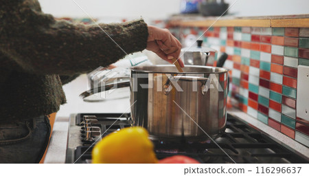Hands, pot and cooking in kitchen on stove for healthy food, lunch or dinner with spoon and meal prep. Female person, oven and cookware in home for breakfast, eating and wellness with diet nutrition 116296637