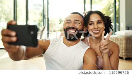 Couple, home and happy with selfie for exercise as fitness influencer or content creator for social media. Relationship, people and fun or smile for health, wellness and self care with support 116296736