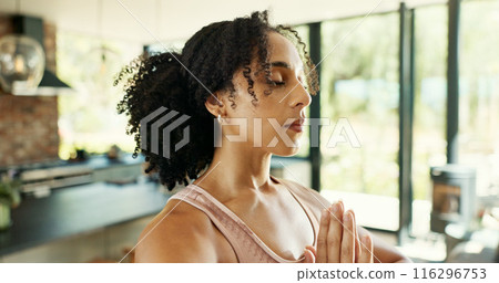 Calm, home and woman with meditation in morning for spiritual healing, awareness and connection. Zen, person and relax with mental health exercise for chakra, balance and mindfulness on weekend Calm, home and woman with meditation in morning for spiritual healing, awareness and connection. Zen, person and relax with mental health exercise for chakra, balance and mindfulness on weekend 116296753