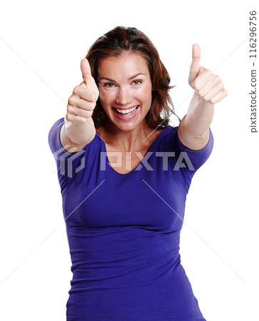 Thumbs up, excited and portrait of woman for achievement or success in studio with smile and pride. Celebrate, female person and wow emoji for good news and review by white background for winning 116296756