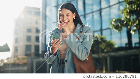 Business woman, phone and happiness with news, online or social media in outdoor for communication. Career person, technology and cheerful for update, connection or notification on break in England Business woman, phone and happiness with news, online or social media in outdoor for communication. Career person, technology and cheerful for update, connection or notification on break in England 116296781