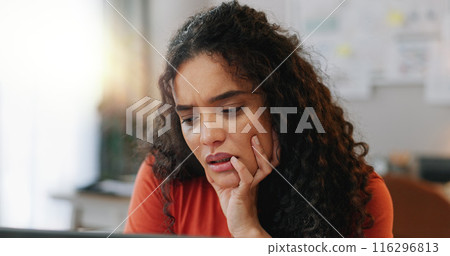 Reading, laptop and woman at desk with stress, deadline and bad news in office. Female journalist, worry and frustrated at computer for review, article and anxiety in modern workplace in city Reading, laptop and woman at desk with stress, deadline and bad news in office. Female journalist, worry and frustrated at computer for review, article and anxiety in modern workplace in city 116296813