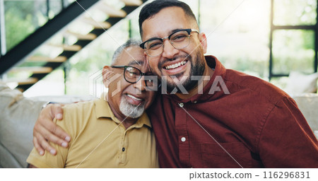 Smile, hug and man with senior father on sofa relaxing together for fathers day celebration. Happy, love and portrait of elderly male person embracing son for care and bonding in living room at home. 116296831