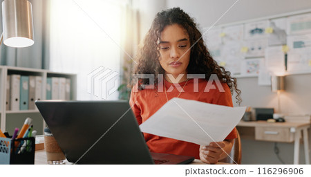 Laptop, reading and paper of businesswoman in home office, planning and understanding document. Administration review, information and female employee with idea, project and report for management Laptop, reading and paper of businesswoman in home office, planning and understanding document. Administration review, information and female employee with idea, project and report for management 116296906