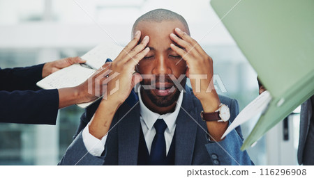 Businessman, headache and stress in office for multitasking, deadline fail or overworked with paperwork. African employee, frustrated and time management with accountability, mental health or burnout Businessman, headache and stress in office for multitasking, deadline fail or overworked with paperwork. African employee, frustrated and time management with accountability, mental health or burnout 116296908