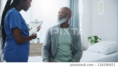 Healthcare, senior man and nurse with clipboard, consultation and questions for medical info. Black people, elderly patient and caregiver for arthritis, alzheimer and talking with checklist in clinic 116296921