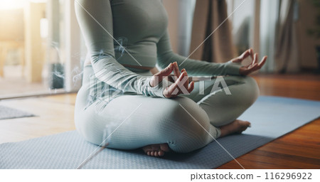 Home, mat and hands of woman with meditation for inner peace, spiritual awareness and mindfulness. Calm, female person and zen with holistic healing exercise for aura, connection and chakra balance Home, mat and hands of woman with meditation for inner peace, spiritual awareness and mindfulness. Calm, female person and zen with holistic healing exercise for aura, connection and chakra balance 116296922