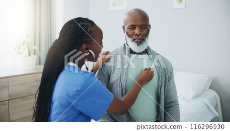 Senior, man and nurse with listening on stethoscope for heartbeat assessment or cardiovascular health on bed. Elderly patient, doctor and cardiology in hospital for lung disease or chest infection Senior, man and nurse with listening on stethoscope for heartbeat assessment or cardiovascular health on bed. Elderly patient, doctor and cardiology in hospital for lung disease or chest infection 116296930