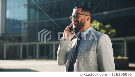 Businessman, phone call and professional with update, online or discussion in outdoor for work communication. Career person, tech and talking for news, connection and application on mobile in England 116296956