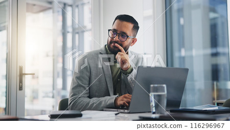 Office, laptop and businessman with thinking at desk for creative company, schedule and planning. Web design, employee and male person with idea by tech for SEO email, problem solving and ux solution 116296967