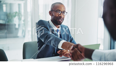 Man, business and handshake in office for meeting, lawyer and client in legal consultation together for agreement. Professional, negotiation and thank you hand gesture, partnership and opportunity 116296968