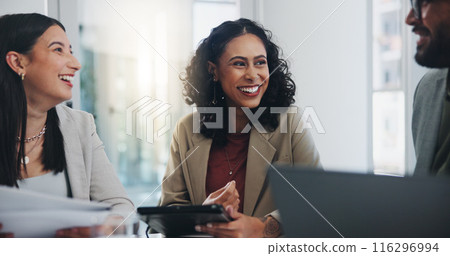 Laptop, planning and business people in meeting, tablet and brainstorming with connection. Group, employees and review with pc, documents and cooperation with teamwork, feedback and risk department 116296994