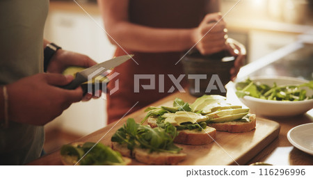 Hands, couple and healthy food for breakfast sandwich, lunch or meal in kitchen with avocado bread. People in support, help and cooking together with green vegetables at home for nutrition and care Hands, couple and healthy food for breakfast sandwich, lunch or meal in kitchen with avocado bread. People in support, help and cooking together with green vegetables at home for nutrition and care 116296996