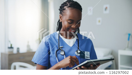 Happy, tablet and doctor in hospital, healthcare and email with online reading, internet and connection. Black woman, nurse and employee in medicare clinic, tech or network with digital app and smile Happy, tablet and doctor in hospital, healthcare and email with online reading, internet and connection. Black woman, nurse and employee in medicare clinic, tech or network with digital app and smile 116297002