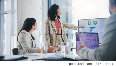 Data analysis, business meeting or woman with graph presentation in office for revenue, profit or sale statistics. Chart, analytics or accounting mentor brainstorming economy, inflation or solution Data analysis, business meeting or woman with graph presentation in office for revenue, profit or sale statistics. Chart, analytics or accounting mentor brainstorming economy, inflation or solution 116297004