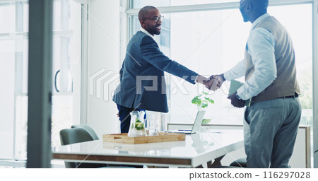 Man, business and handshake in workplace for meeting, lawyer and client in legal consultation together for agreement. Professional, negotiation and thank you hand gesture, partnership and opportunity 116297028