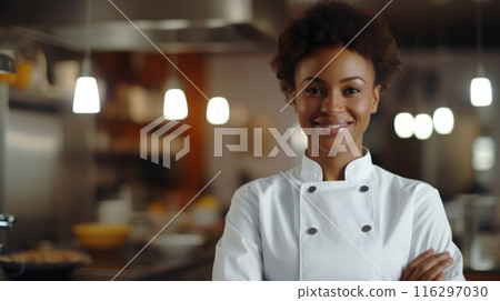 african american black woman as chef standing in kitchen with smile, ai 116297030