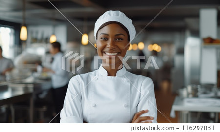 african american black woman as chef standing in kitchen with smile, ai 116297031