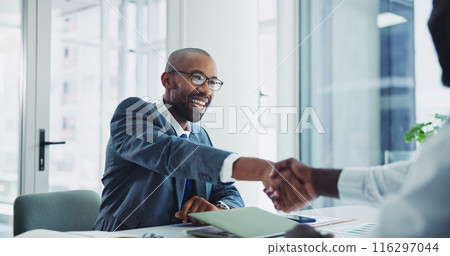 Man, business and shaking hands in office for meeting, lawyer and client in legal consultation together for agreement. Professional, negotiation and thank you gesture, partnership and opportunity Man, business and shaking hands in office for meeting, lawyer and client in legal consultation together for agreement. Professional, negotiation and thank you gesture, partnership and opportunity 116297044