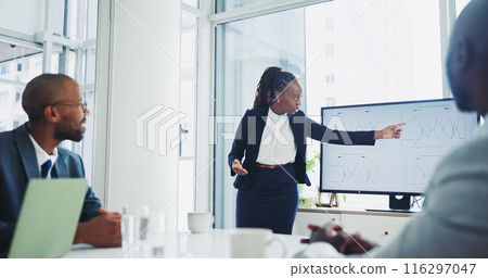 Business, people and presentation with statistics in office on meeting and workshop as accountant. Teamwork, collaboration and discussion with feedback, review and report on screen with graph Business, people and presentation with statistics in office on meeting and workshop as accountant. Teamwork, collaboration and discussion with feedback, review and report on screen with graph 116297047