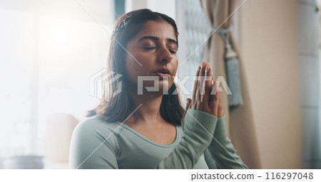Home, relax and hands of Indian woman with meditation for inner peace, balance or mindfulness. Calm, female person and zen with spiritual healing exercise for holistic, awareness or chakra connection 116297048