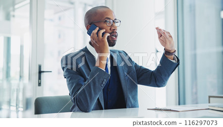 Black man, accountant and discussion with phone call for proposal or communication at office. Young African or financial employee talking on mobile smartphone for business conversation at workplace 116297073