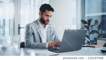 Laptop, research and businessman by desk in office for budget report, planning or feedback on email. Corporate, employee and financial planner with tech for investment, review or reading finance news 116297096