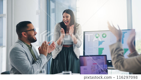 Business meeting, applause and people in office celebration for sales target, revenue or investment success. Data analytics, achievement or startup accounting team clapping hands for stats milestone Business meeting, applause and people in office celebration for sales target, revenue or investment success. Data analytics, achievement or startup accounting team clapping hands for stats milestone 116297098