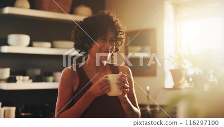 Woman, home and smile in kitchen with coffee in morning for warmth, relax and enjoy. Female person, house and happy or satisfied with cup of tea to chill, fun and day off with caffeine drink Woman, home and smile in kitchen with coffee in morning for warmth, relax and enjoy. Female person, house and happy or satisfied with cup of tea to chill, fun and day off with caffeine drink 116297100